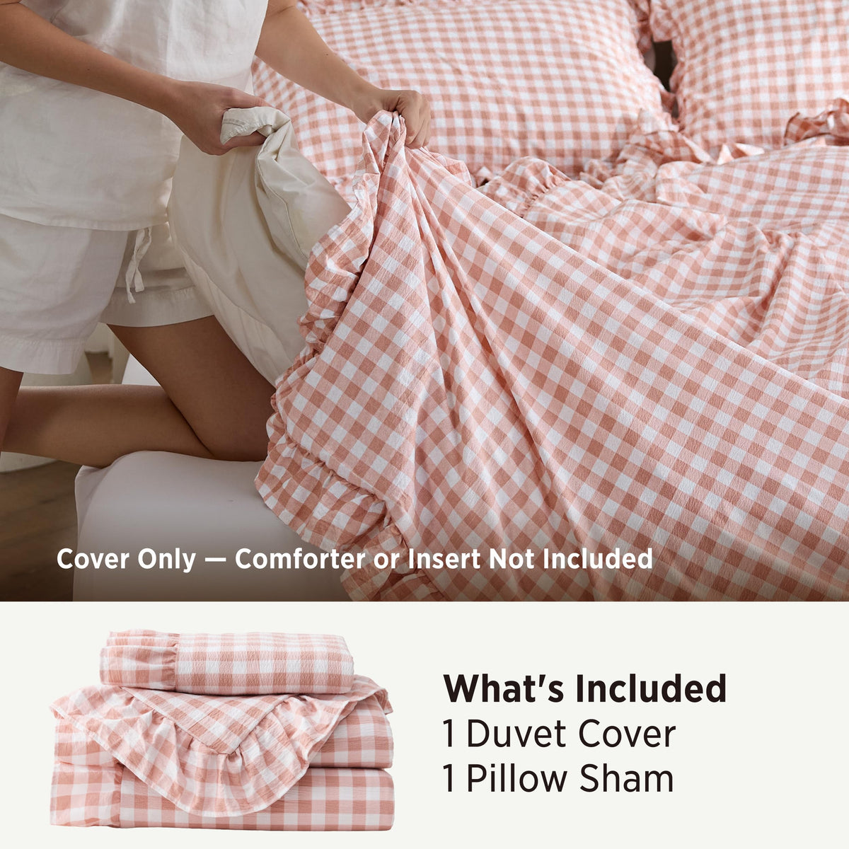 Bedsure Gingham Ruffle Duvet Cover Set, Queen, Cotton-Like Bed, Terracotta