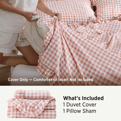 Bedsure Gingham Ruffle Duvet Cover Set, Queen, Cotton-Like Bed, Terracotta