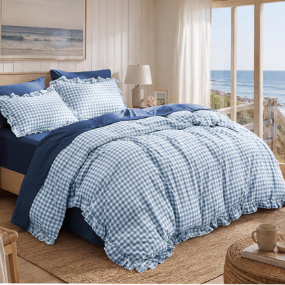 Bedsure Gingham Ruffle Duvet Cover Set, Queen, Cotton-Like Bed, Terracotta
