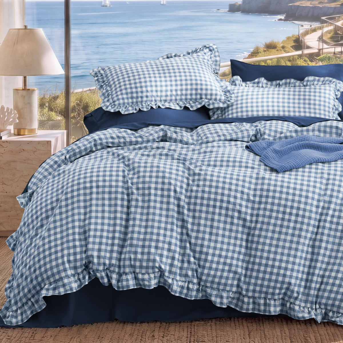 Bedsure Gingham Ruffle Duvet Cover Set, Queen, Cotton-Like Bed, Terracotta