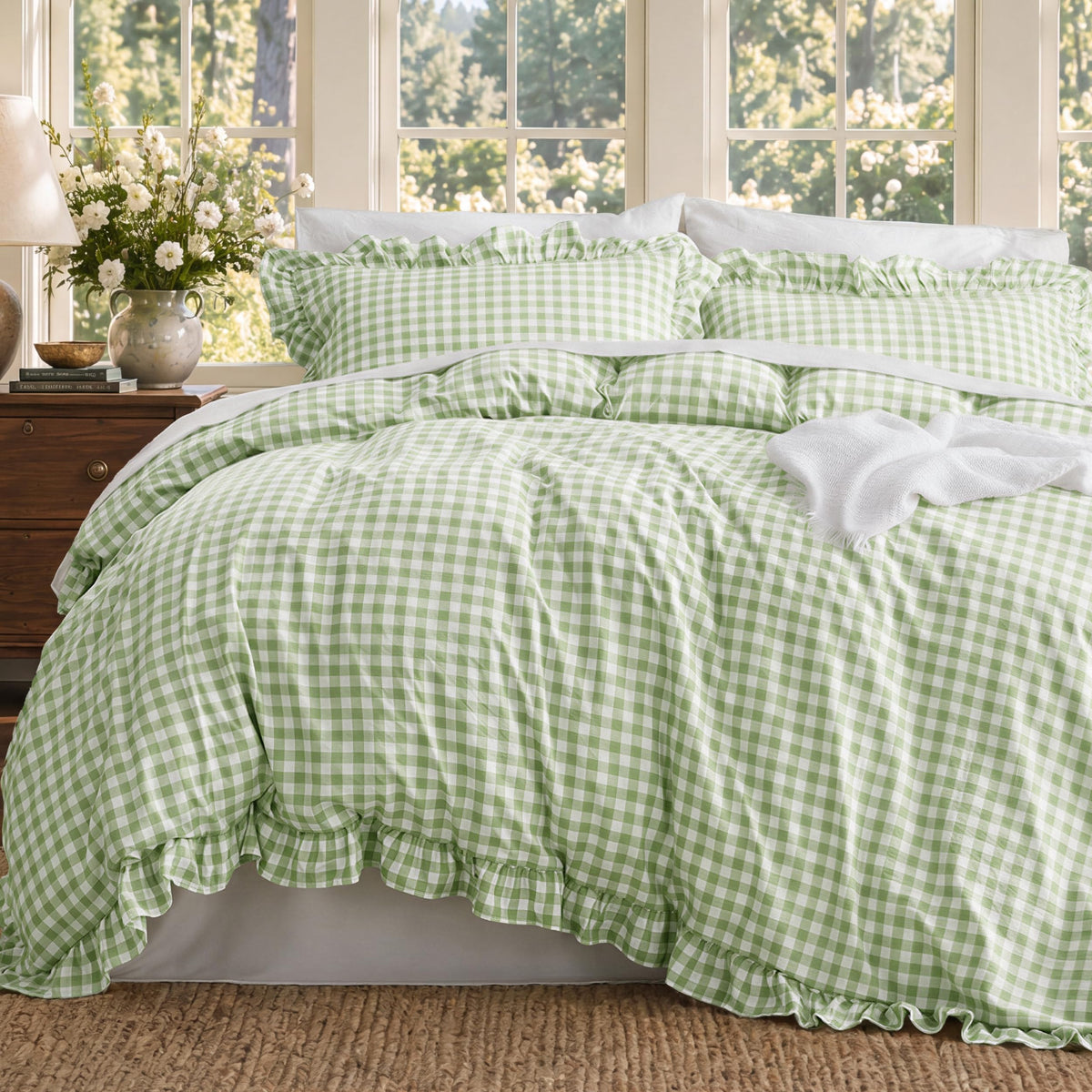 Bedsure Gingham Ruffle Duvet Cover Set, Queen, Cotton-Like Bed, Terracotta