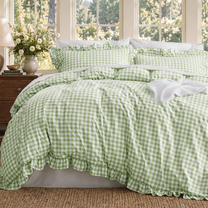 Bedsure Gingham Ruffle Duvet Cover Set, Queen, Cotton-Like Bed, Terracotta