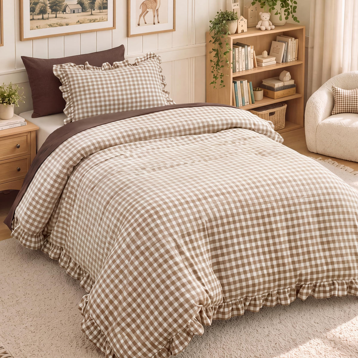 Bedsure Gingham Ruffle Duvet Cover Set, Queen, Cotton-Like Bed, Terracotta