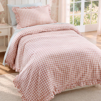 Bedsure Gingham Ruffle Duvet Cover Set, Queen, Cotton-Like Bed, Terracotta