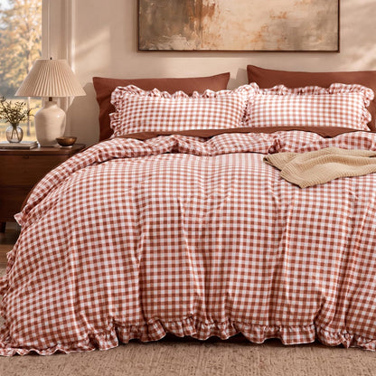 Bedsure Gingham Ruffle Duvet Cover Set, Queen, Cotton-Like Bed, Terracotta
