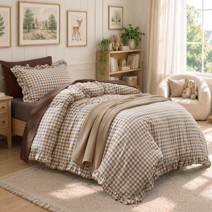 Bedsure Gingham Ruffle Duvet Cover Set, Queen, Cotton-Like Bed, Terracotta