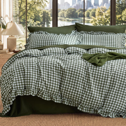 Bedsure Gingham Ruffle Duvet Cover Set, Queen, Cotton-Like Bed, Terracotta