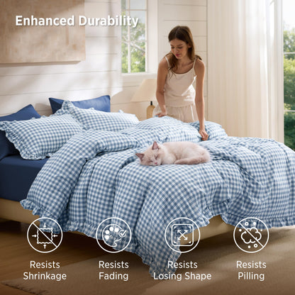 Bedsure Gingham Ruffle Duvet Cover Set, Queen, Cotton-Like Bed, Terracotta