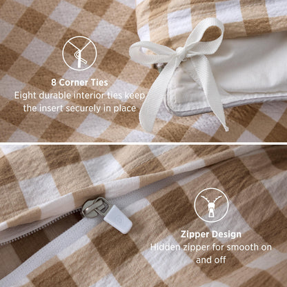 Bedsure Gingham Ruffle Duvet Cover Set, Queen, Cotton-Like Bed, Terracotta
