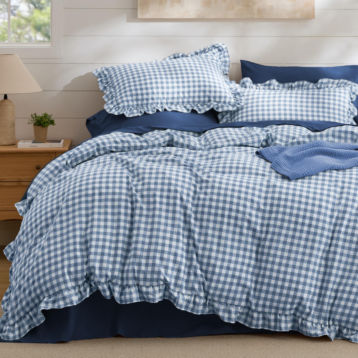 Bedsure Gingham Ruffle Duvet Cover Set, Queen, Cotton-Like Bed, Terracotta