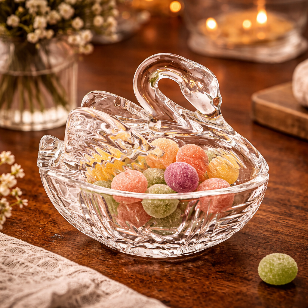 Crystal Glass Swan  Dish with Lid