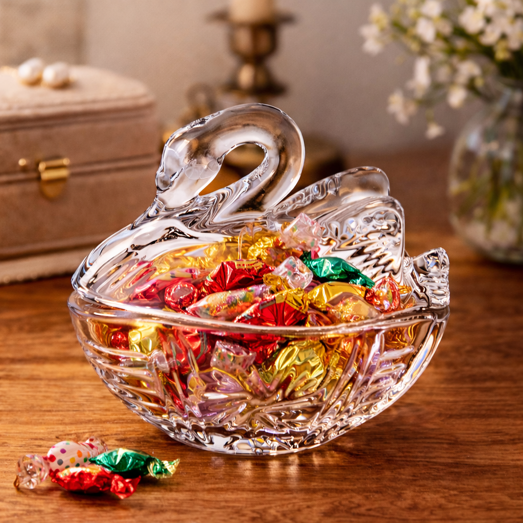 Crystal Glass Swan  Dish with Lid