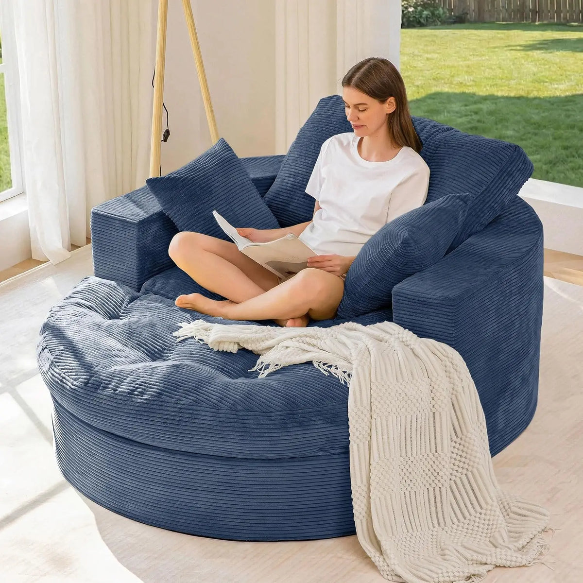 Oversized Round Chaise Lounge Sofa, Boneless Chair with Ottoman | Beige Upholstered Reading Chair Has a Deep Seat and 3, Custom