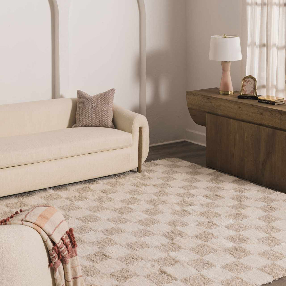 Atira Checkered Area Rug – Cream & Light Brown
