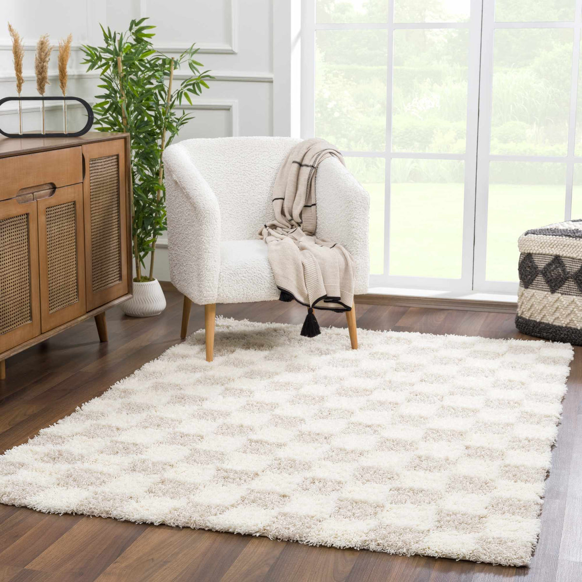 Atira Checkered Area Rug – Cream & Light Brown
