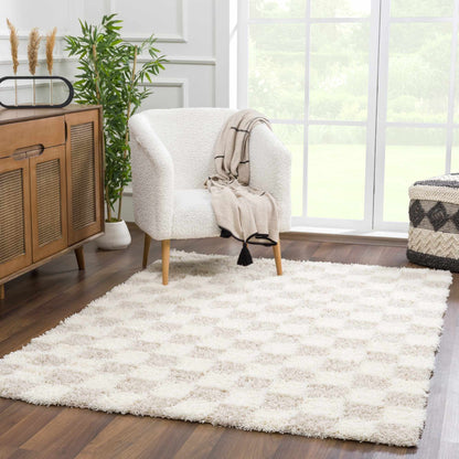 Atira Checkered Area Rug – Cream & Light Brown