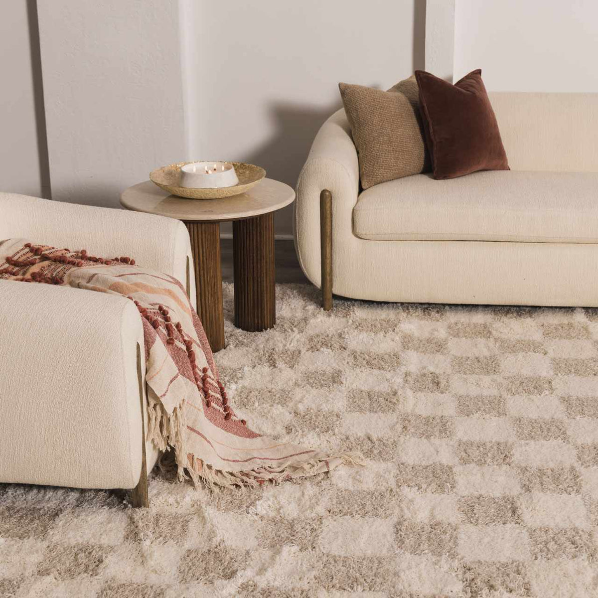 Atira Checkered Area Rug – Cream & Light Brown