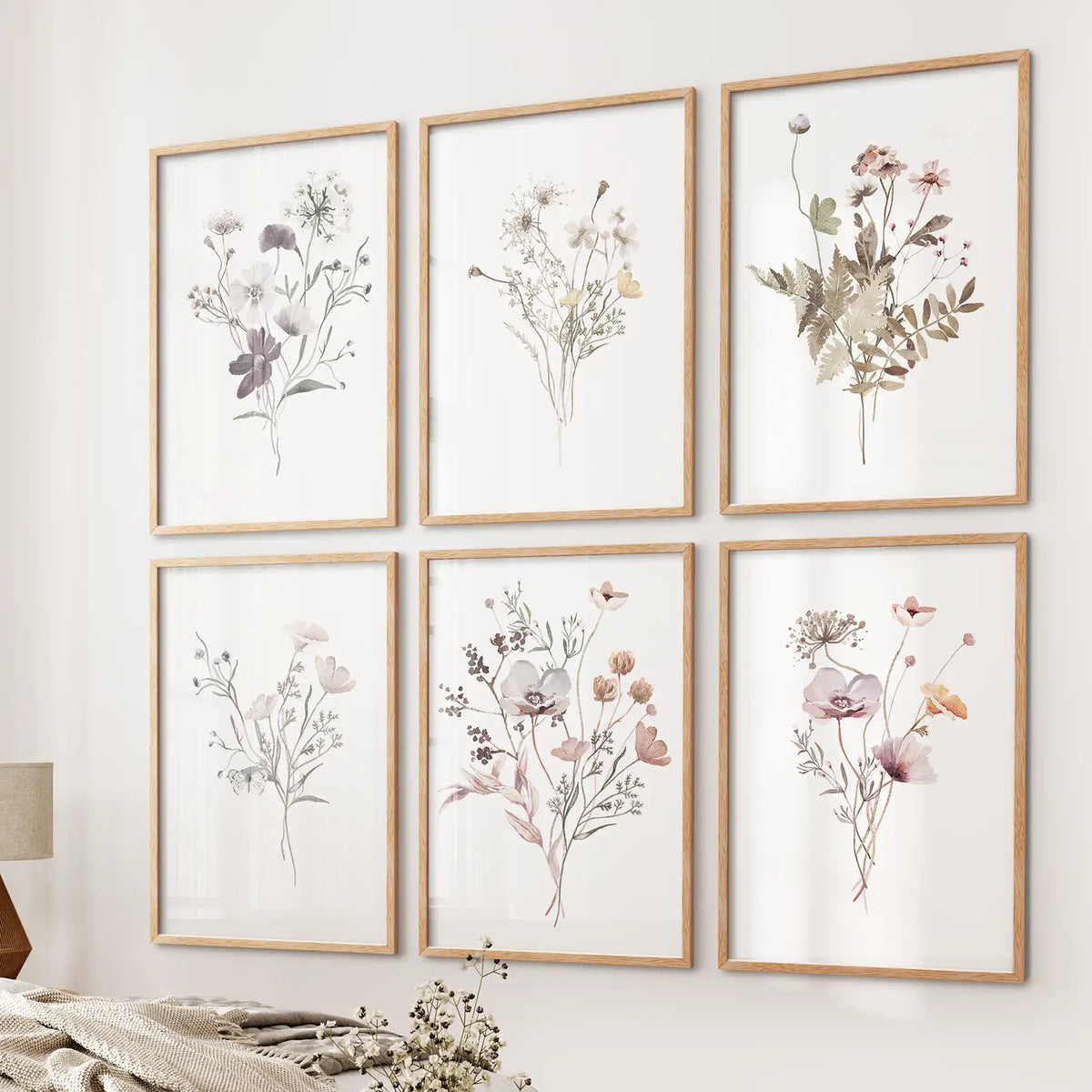 Floral Watercolor Prints. Set of 6 Botanical Wall Art for Bedroom or Living Room