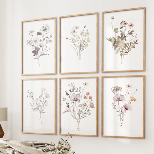 Floral Watercolor Prints. Set of 6 Botanical Wall Art for Bedroom or Living Room